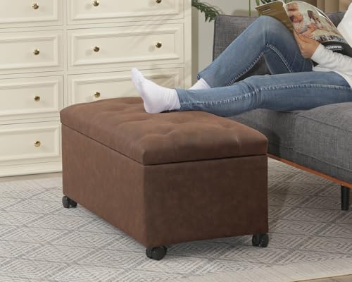 Joveco Storage Ottoman Bench 35" Faux-Leather Rectangular Tufted Ottomans Storage Room Organizer with Wheels(Matte Chocolate) - color: Matte Chocolate With Wheels