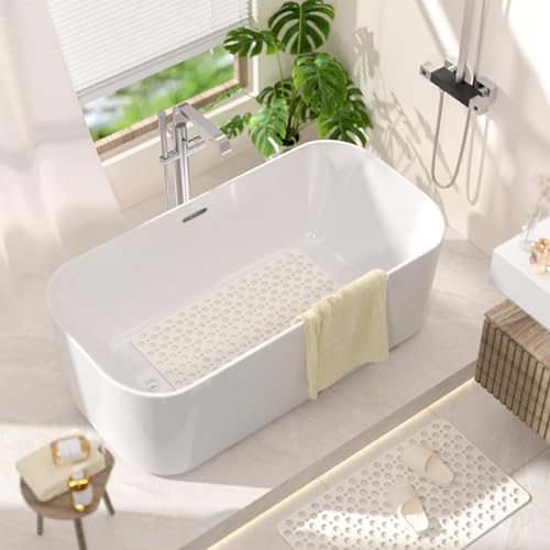 HITSLAM Bathtub Mat Non Slip, 30 x 17 Inch TPE Bath Mat for Tub, Efficient Drainage Bathroom Shower Mat with Suction Cups, Bath Tub Mat, Soft on Feet and Easy to Clean, White - color: White, size: 30" x 17" (Rectangular)