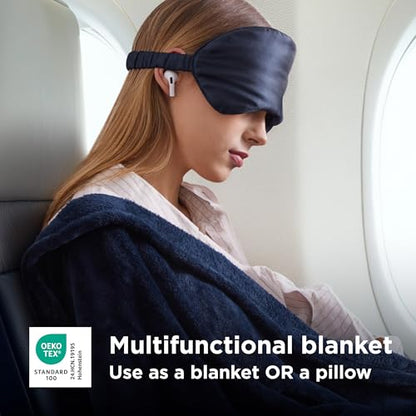 Bedsure Travel Blanket Airplane Compact with Storage Bag, Packable Blanket with Eye Mask, Lightweight 2-in-1 Travel Essentials, Functioned as Pillow for Airplane Comfort and Warmth, Navy - color: Navy