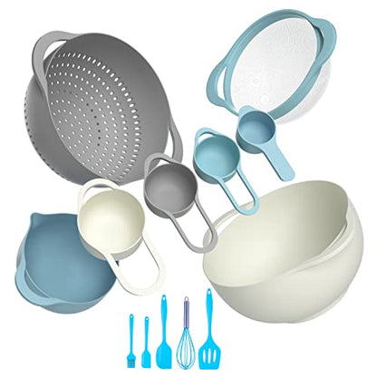 13 Pcs Mixing Bowls Set, RV Camping Accessories Set, Apartment Kitchen Gadget Easy Storage, Inculding Measuring Cups Colander Sifter Large Bowl Whisk Scraper, Great for Cooking and Baking, No BPA - color: Light Blue-1