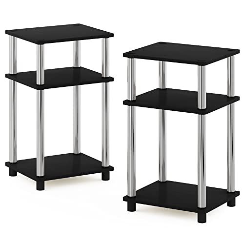 Furinno JUST Side Table Set of 2, 3-Tier Modern End Tables, Open Shelves Night Stand, Nightstand Set, Toolless Assembly, for Living Room, Bedroom, Americano/Stainless Steel - color: Americano/Chrome, size: 3-Tier, Round Pole, style: 2-Pack
