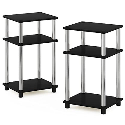 Furinno JUST Side Table Set of 2, 3-Tier Modern End Tables, Open Shelves Night Stand, Nightstand Set, Toolless Assembly, for Living Room, Bedroom, Americano/Stainless Steel - color: Americano/Chrome, size: 3-Tier, Round Pole, style: 2-Pack