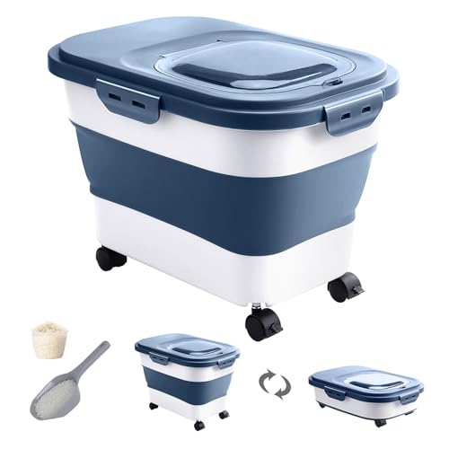 20-30 Lbs Rice Storage Container,Collapsible Food Storage Containers with Rolling Wheel Airtight Locking Lid,Flour Storage Container with Cup and Scoop,Suitable for Food,Rice,Pet Food,Flour - color: Dark Blue/20-30LBS