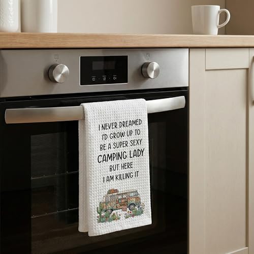 Camping Kitchen Towels 16x24 Waffle Weave, I Never Dreamed I’d Grow Up to Be a Super Sexy Camping Lady Dish Towels, Camp RV Gifts for Women, Gifts for Campers -A04 - color: Camping_04