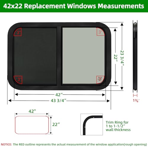 RV Window for Cargo Trailer,42" W x 22" H RV Window Replacement for Camper Travel Trailer Cargo Van,Horizontal Sliding with Trim Ring Fit 15/16" or 1-3/8" Thick Wall,Allow Error 1/16",DOT Approved - size: 42"W x 22"H