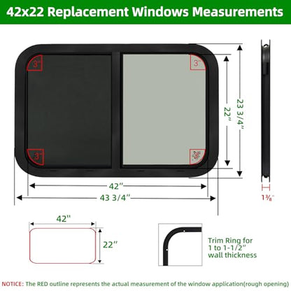 RV Window for Cargo Trailer,42" W x 22" H RV Window Replacement for Camper Travel Trailer Cargo Van,Horizontal Sliding with Trim Ring Fit 15/16" or 1-3/8" Thick Wall,Allow Error 1/16",DOT Approved - size: 42"W x 22"H