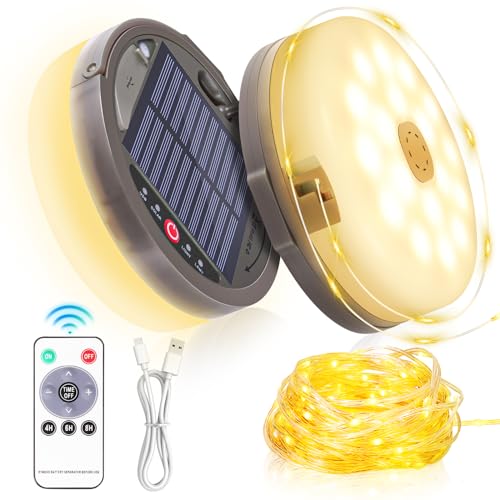 Camping String Light 4 in 1 Retractable 42ft Solar /USB Rechargeable 3600mAh Waterproof Hanging Outdoor Camping Lantern with 8 Lighting Modes, Portable Tent Lights for Hiking, Yard, RV (Warm Light)