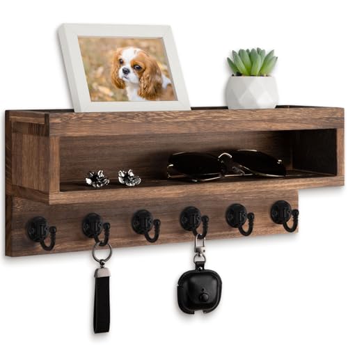 Key and Mail Holder Wall Mount, Key Hanger with Long Storage Box and 6 Hooks for Coat, Dog Leash, Home Decor Rack, House Accessories, Entry Way Organizer (Brown) - color: Brown