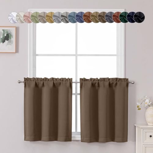Chyhomenyc Brown Short Blackout Curtains 24 Inch Length, Small Kitchen Curtain Tier Rod Pocket Half Window Curtains for Bathroom Basement Cabinet Camper RV Bunk, 2 PCS, Each 30" Wx24 L - color: Brown, size: 30"W x 24"L (Pack of 2)
