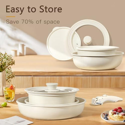 GiPP Ceramic Pots and Pans Set Non Stick, Nonstick Detachable Handle Cookware Sets, Healthy Non Toxic PFAS PFOA & PTFE Free, Dishwasher ＆Oven Safe, Induction Kitchen Pot and Pan, 15 Piece Cream - color: White, size: 15PCS 01