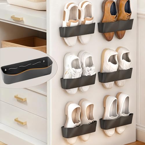Wall Mounted Shoe Rack, Adhesive & Drill Mount Hanging Shoe Organizer, Plastic Shoe Storage for RV, Camper, Closet & Door, Patent Protected, PATENT PROTECTED, Black-6Pack - color: Black