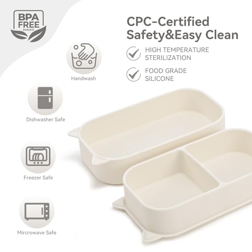 Baby Travel Essentials 6 Pc Feeding Set - Cute Cat Toddler Plates with Suction, 304 Stainless Steel Spoon & Fork, Foldable Silicone Bib in Travel Case - BPA-Free Airplane Travel Gear (Beige) - color: Beige