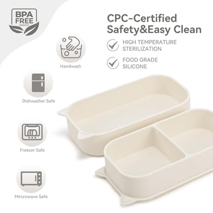 Baby Travel Essentials 6 Pc Feeding Set - Cute Cat Toddler Plates with Suction, 304 Stainless Steel Spoon & Fork, Foldable Silicone Bib in Travel Case - BPA-Free Airplane Travel Gear (Beige) - color: Beige