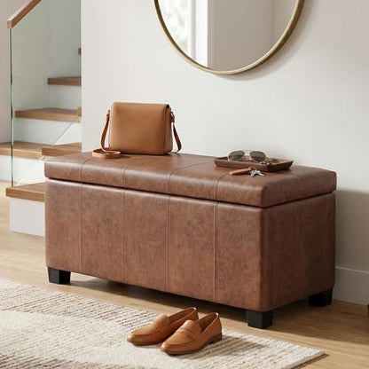 SIMPLIHOME Dover Storage Ottoman Bench - 36 inch Wide Upholstered Vegan Leather Rectangular Lift-Top Ottoman in Distressed Umber Brown, Contemporary Bench for Living Room with Safety Hinges - color: Distressed Umber Brown