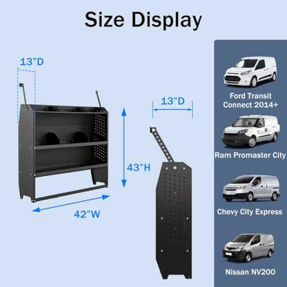 Cargo Van Shelving Steel Storage System Fit for Transit Connect 2014+, Chevy City Express, Promaster City, NV200, Steel Cargo Van Shelves 42" W x 43" H x 13" D - size: 42" W x 43" H x 13" D