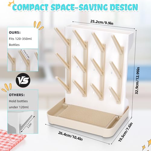 Baby Bottle Drying Rack: Space Saving Vertical Bottle Drying Holder with Brushes Holder - Large Bottle Storage Holder Organizer 12 Bottles & Baby Accessories,BPA-Free, Beige - color: Beige
