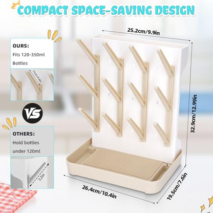 Baby Bottle Drying Rack: Space Saving Vertical Bottle Drying Holder with Brushes Holder - Large Bottle Storage Holder Organizer 12 Bottles & Baby Accessories,BPA-Free, Beige - color: Beige