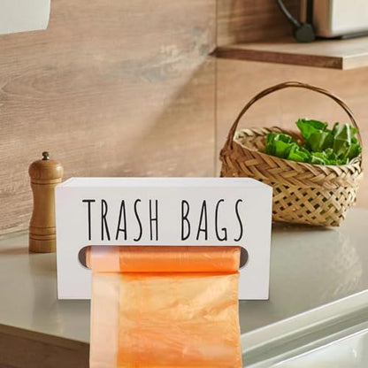 Trash Bag Dispenser, Wall Mount Trash Bags Holder Dispenser with Lid Wooden Kitchen Trash Bag Roll Organizer Plastic Garbage Bag Storage for Cabinet. (White) - color: White