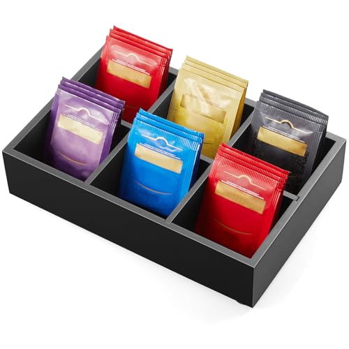 DRASTAR Tea Bag Organizer, Tea Bag Drawer Organizer, Wooden Tea Bag Holder, Tea Chest with 6 Compartments, Tea Organizer Storage Box, Tea Caddy for Tea Bags Organizer, Black - color: Black, size: 6 Slots