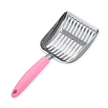 WePet Cat Litter Scoop, Aluminum Alloy Sifter, Kitty Metal Scooper, Deep Shovel, Long Handle, Poop Sifting, Kitten Pooper Lifter, Durable, Heavy Duty, for Litter Box - color: POLISHED Aluminum \ #10 Pink Handle, size: Small