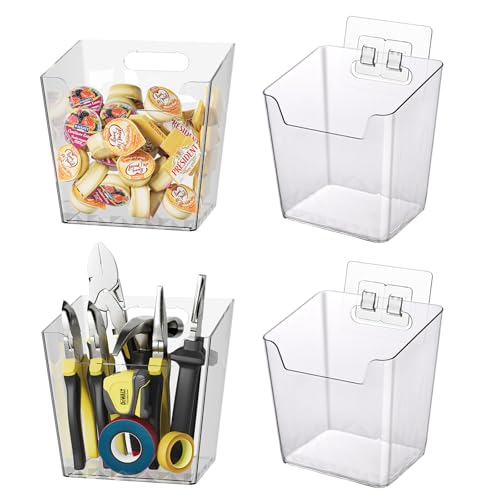 Clear Adhesive Wall Storage Bins, 4 Pack Cabinet Door Organizer Holders, Hanging Wall Mount Pockets, Plastic Cups for Shower Bathroom Makeup Office Craft Remote Kitchen Sink RV Organization (Large) - size: Large