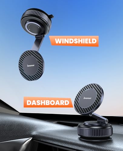 Jononser Suction Phone Mount for Car Dashboard/Windshield - 360°Adjustable Magnetic Phone Holder for Car, Foldable Car Phone Holder for iPhone 17/16/15/14/13/12 Series (Carbon Fiber & Aluminum Alloy) - color: Black
