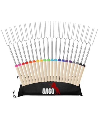 UNCO- Marshmallow Roasting Sticks, 32”, 20 Pack, Dark Brown Wooden Handle, Extendable Stainless Steel Smores Sticks for Fire Pit, Smores Skewers, Campfire Cooking Equipment - color: Wood, size: 20 Pack