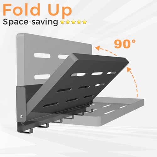 Small Folding Metal Shelf with Hooks, RV Fold-Down Wall Shelf, 6 Hooks, Drop Down Floating Shelf for Laundry Room, Kitchen, Bedside, Toilet Room, Bathroom, Utility, Black（11.8", 1 Pack） - color: 11.8" , 2-pack