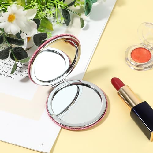 Dimeho Cosmetic Compact Mirror Folding Glitter Round Mini Makeup Mirror Portable Bling Magnifying Vanity Mirror Cute Travel Double-Sided Mirror for Women Purse Handbag Wallet Home Office
