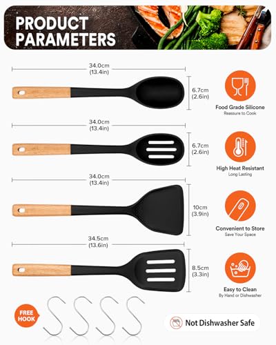 Silicone Cooking Utensils Set, Perfectly Angled for Frying, Mixing,Serving,Draining,Turning and Stirring, BPA-Free Matte Silicone, Wood Handles, Safe for Nonstick Cooking Surfaces,4 Pack (Black) - color: Black