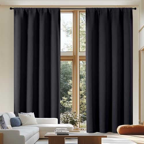 Simplebrand Ava Black Blackout Curtains for Patio 108 Inches Long 2 Panels Set, Solid Thermal Insulated Room Darkening Rod Pocket Window Treatment Curtains Blackout Drapes, W50 x L108 Inch, Black - color: Black, size: 50"W x 108"L (Pack of 2)