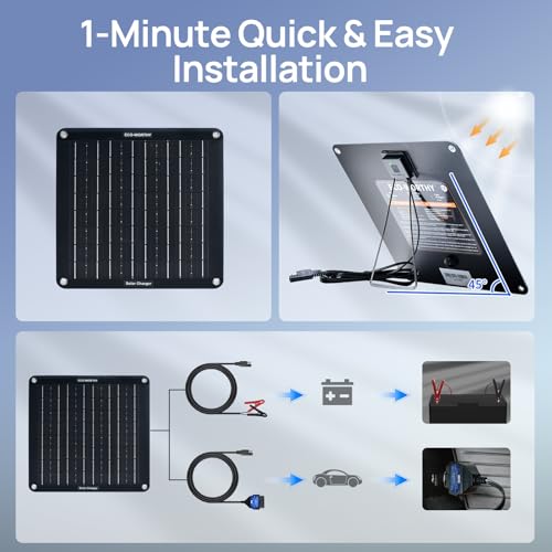 ECO-WORTHY Upgraded OBDII 10W Solar Battery Trickle Charger Maintainer-12V Waterproof Solar Panel Trickle Charger Kit with Portable Stand for Car Truck Boat Mower RV Trailer ATV Marine Battery - size: 10W