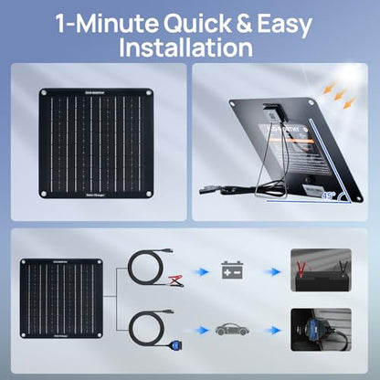 ECO-WORTHY Upgraded OBDII 10W Solar Battery Trickle Charger Maintainer-12V Waterproof Solar Panel Trickle Charger Kit with Portable Stand for Car Truck Boat Mower RV Trailer ATV Marine Battery - size: 10W