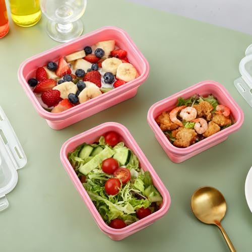 Collapsible Silicone Food Storage Containers with Lids, 3 Pack Foldable Food Containers,Silicone Collapsible Bowls For Camping, Microwave Freezer Dishwasher Safe (Pink 350ml 500ml 800ml)