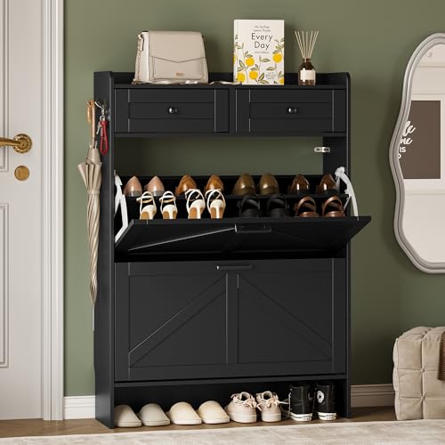 BORNOON Shoe Storage Cabinet for Entryway, Farmhouse Narrow Shoe Cabinet with 2 Flip Drawers & Top Drawers, Adjustable Shelves & Hooks, Freestanding Hidden Rack Organizer for Hallway, Foyer - color: Black, size: 2 Flip Drawer