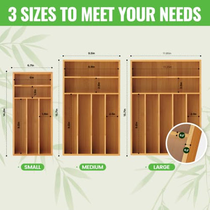 Small Silverware Organizer, Bamboo Kitchen Drawer Cutlery Organizer, Utensil Holder, Flatware Organizer Tray (6.7"x14.2"x1.6") - size: Small