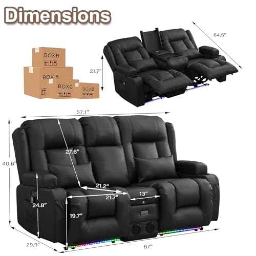 TUNYI Power Loveseat Recliner Sofa with Massage & Heat Home Theater Seating with Console RV Recliner Loveseat Sofa with USB/Storage/Side Pocket/LED Light/Speaker (Black, Loveseat) - color: Black, size: 2 Seat