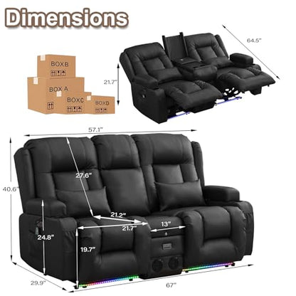 TUNYI Power Loveseat Recliner Sofa with Massage & Heat Home Theater Seating with Console RV Recliner Loveseat Sofa with USB/Storage/Side Pocket/LED Light/Speaker (Black, Loveseat) - color: Black, size: 2 Seat