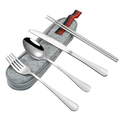 VANRA Portable Travel Utensils Set with Case 4-Piece Stainless Steel Camping Cutlery Set Reusable Silverware Set for Work Fork Spoon Knife Chopstick for Lunch Box School Picnic (Silver) - color: Silver