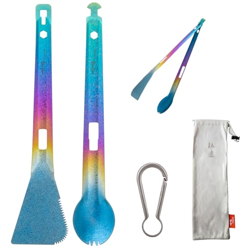 TiTo Titanium 4 in 1 Camping Cookware - Titanium BBQ Tongs, Spork, Knife and Spatula, Portable Lightweight Multi Tableware for Kitchen, Hiking, Backpacking, Outdoor Cooking, Travel, Picnics (Colorful) - color: Colorful