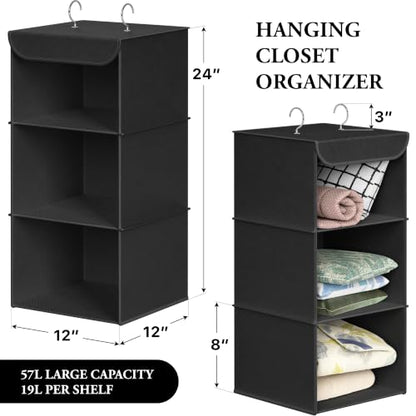 Simple Houseware 3-Shelf Hanging Closet Organizer, Fabric Storage Shelves with 57L Capacity, Black - color: Black