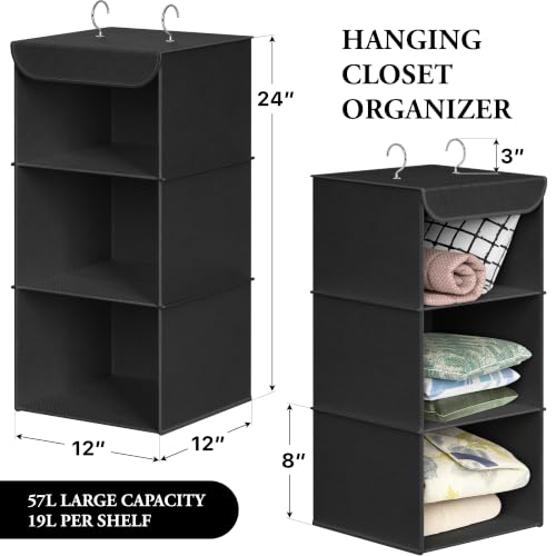 Simple Houseware 3-Shelf Hanging Closet Organizer, Fabric Storage Shelves with 57L Capacity, Black - color: Black