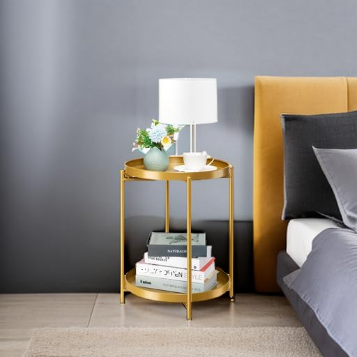 danpinera 2-Tier End Table, Outdoor Side Table Metal Round Side Table with Removable Tray, Small Folding Accent Table, Anti-Rust Nightstand for Bedroom Balcony Patio Living Room (Gold) - color: Gold