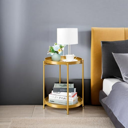 danpinera 2-Tier End Table, Outdoor Side Table Metal Round Side Table with Removable Tray, Small Folding Accent Table, Anti-Rust Nightstand for Bedroom Balcony Patio Living Room (Gold) - color: Gold