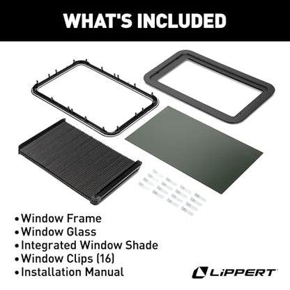 Lippert Thin Shade EcoCell Complete RV Window Kit for Entry Doors with Frame, Tinted Glass, Horizontal Blind, Sun-Blocking Protection, Easy Sliding Operation, Quick Installation - 2025009148