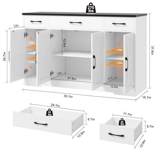 HOSTACK Buffet Sideboard Cabinet with Drawers, 55" Large Buffet Storage Cabinet with Shelves and Doors, Modern Farmhouse Coffee Bar Station Wood Kitchen Table for Kitchen, Dining Room, White/Black - color: White/Black