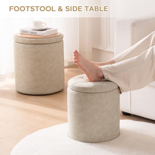 oakvivo Faux Leather Round Ottoman with Storage 12.6" W x 14.17" H & 14.76" W x 17.32" H Set of 2, Small Boucle Coffee Table Footstool with Removable Lid for Living Room, Bedroom, Beige - color: Beige