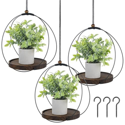 3 Pcs Hanging Plant Shelf, Round Wood Base with Black Metal Frame, Plant Holder with Adjustable Rope for Living Room, Balcony, Bedroom, Indoor Plant Display