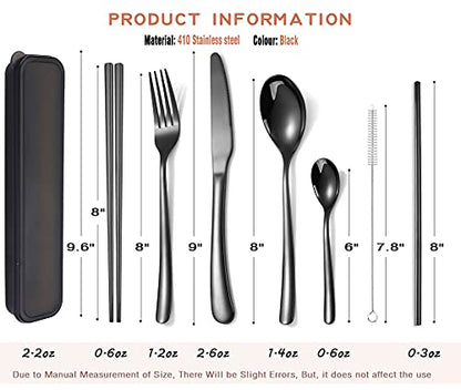 AARAINBOW 6 Pieces Stainless Steel Flatware Set Portable Reusable Cutlery Set Travel Utensils Set Including Chopsticks Knife Fork Spoon Straws Cleaning Brush Dishwasher Safe (7 Black) - color: 7 Black