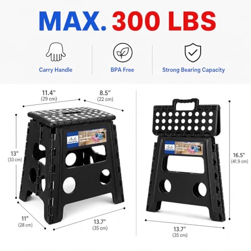 ACKO 2PACK Folding Step Stool - 13" Height Premium Heavy Duty Foldable Stool for Kids and Adults, Kitchen Garden Bathroom Stepping Stool (Black, 2PACK) - color: Black, size: 13 Inch-2 Pack